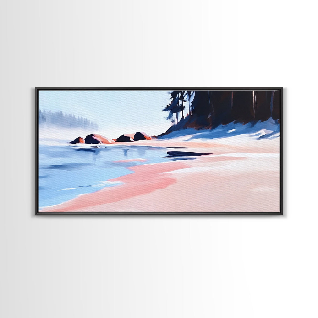 Misty Beach, Tranquil Ocean Scene, Soft Coastal Aesthetic, Framed Canvas Print, Minimalist Seascape, Relaxing Home Wall Decor