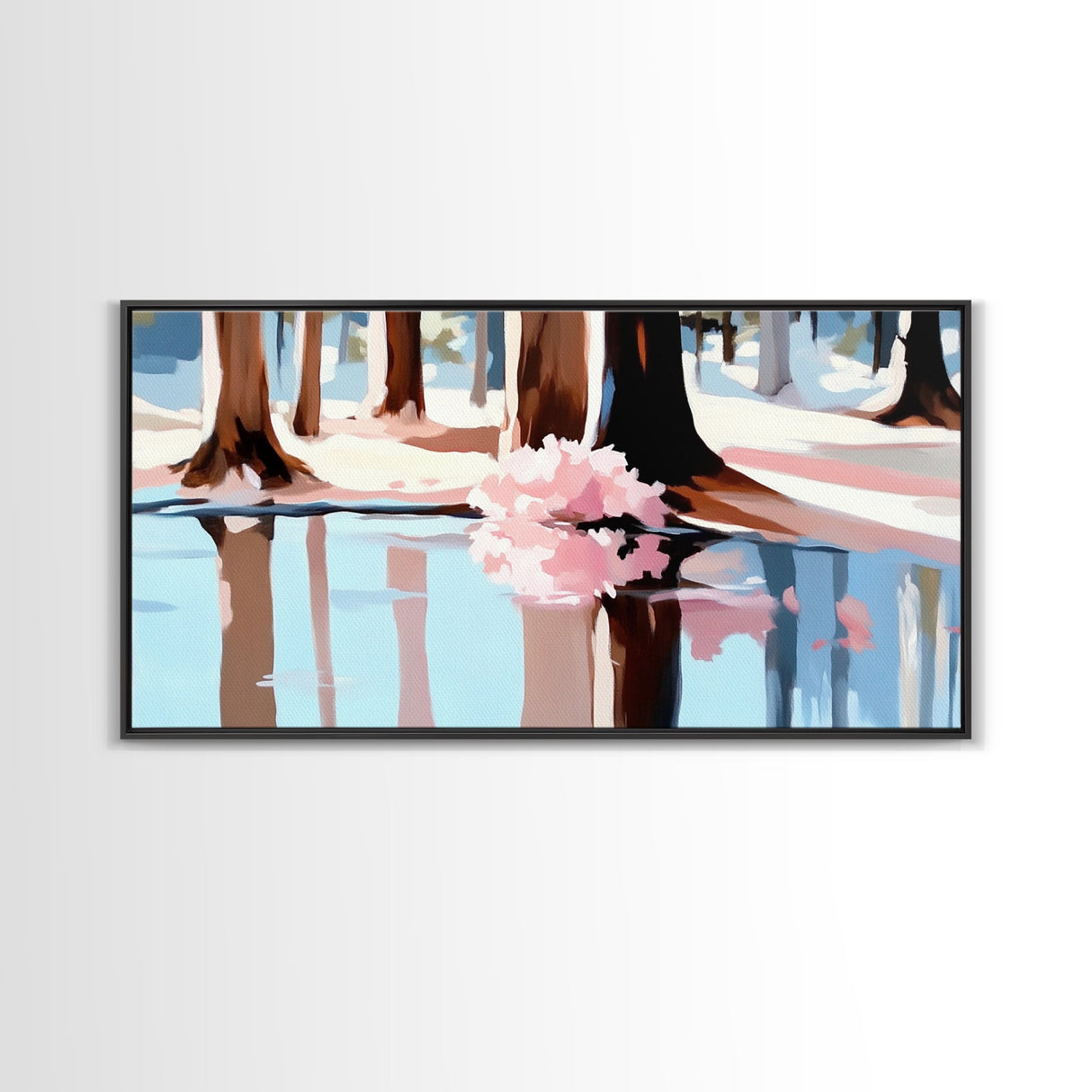Reflection, Pink Trees, Winter, Framed Canvas Print, Modern Nature Art, Minimalist Wall Art, Cozy Home Decor, Fall Living Room Art