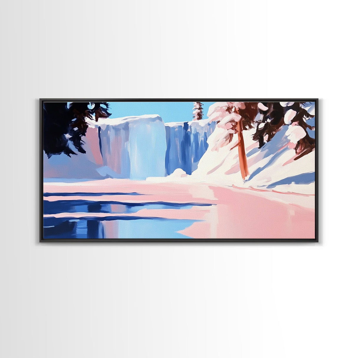 Winter Waterfall, Frozen River, Snowy Landscape, Framed Canvas Print, Minimalist Art, Living Room Wall Art, Nature Scene, Icy Blue