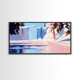 Winter Waterfall, Frozen River, Snowy Landscape, Framed Canvas Print, Minimalist Art, Living Room Wall Art, Nature Scene, Icy Blue