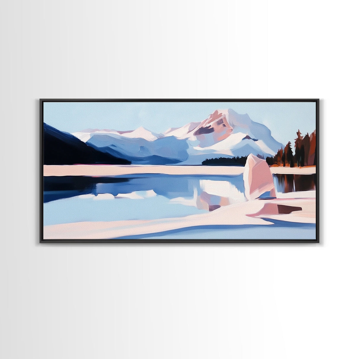 Mountain Reflection, Snowy Lake, Framed Canvas Print, Nature Wall Art, Minimalist Landscape, Living Room Decor, Blue and White Art