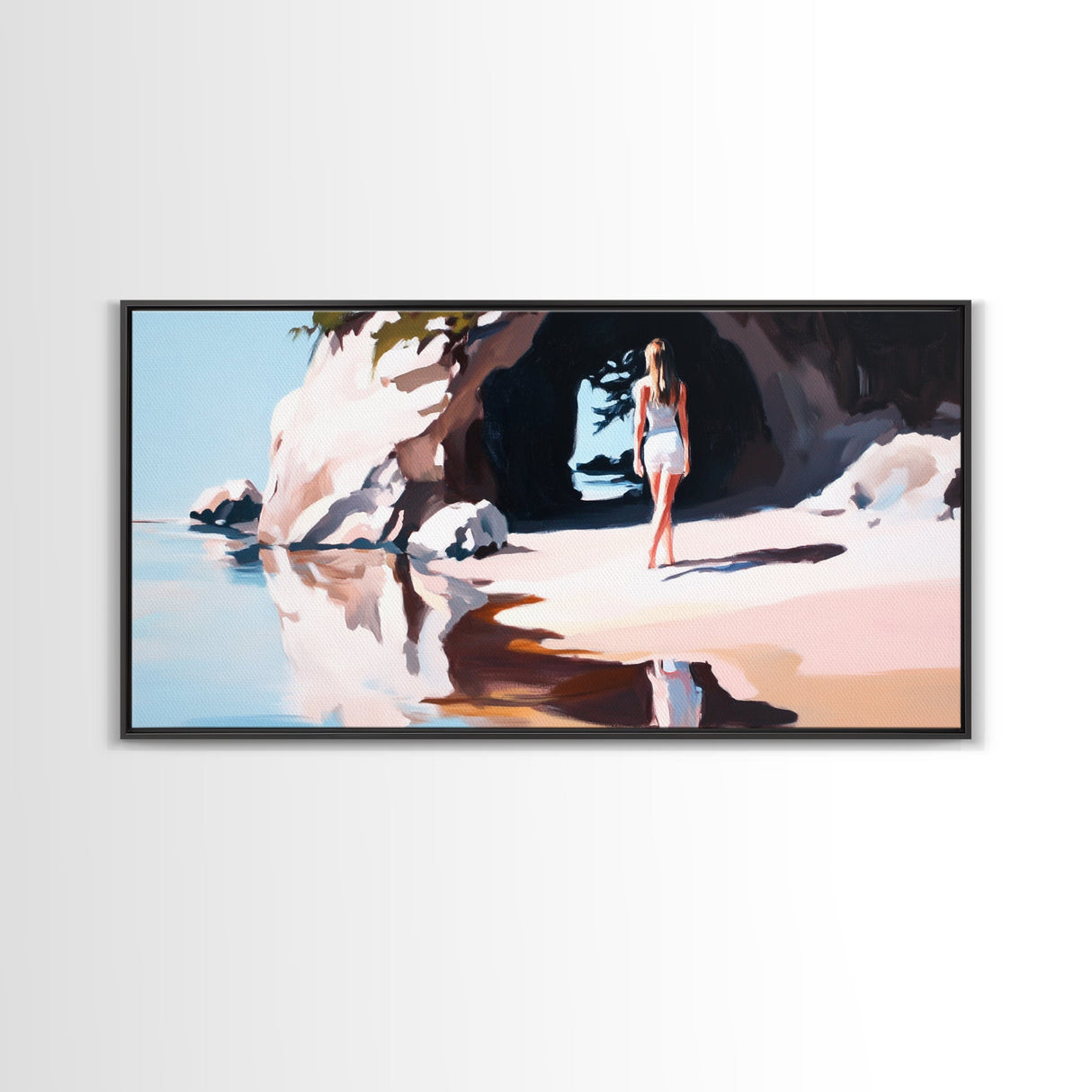 Girl In Cave, Coastal Landscape, Minimalist Art, Seascape Wall Decor, Bedroom Wall Art, Framed Canvas Print, Beach Inspired Home Decor