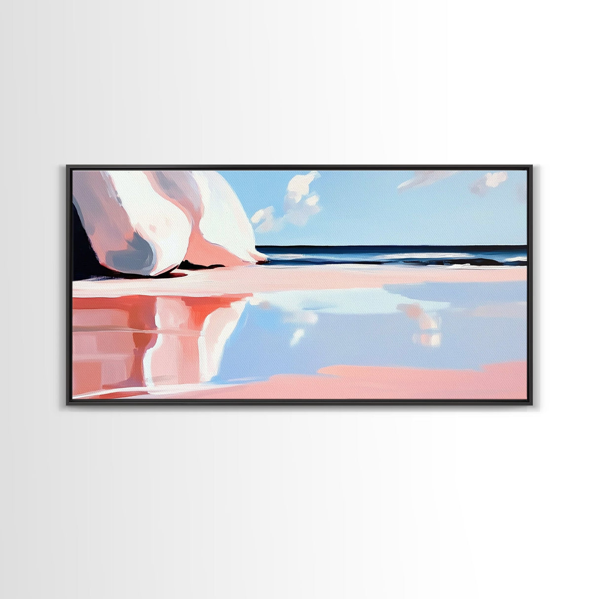 Pink Waves, Coastal Reflection, Ocean Art, Seascape Wall Decor, Bedroom Wall Art, Framed Canvas Print, Minimalist Beach Scene, Soft Pastels