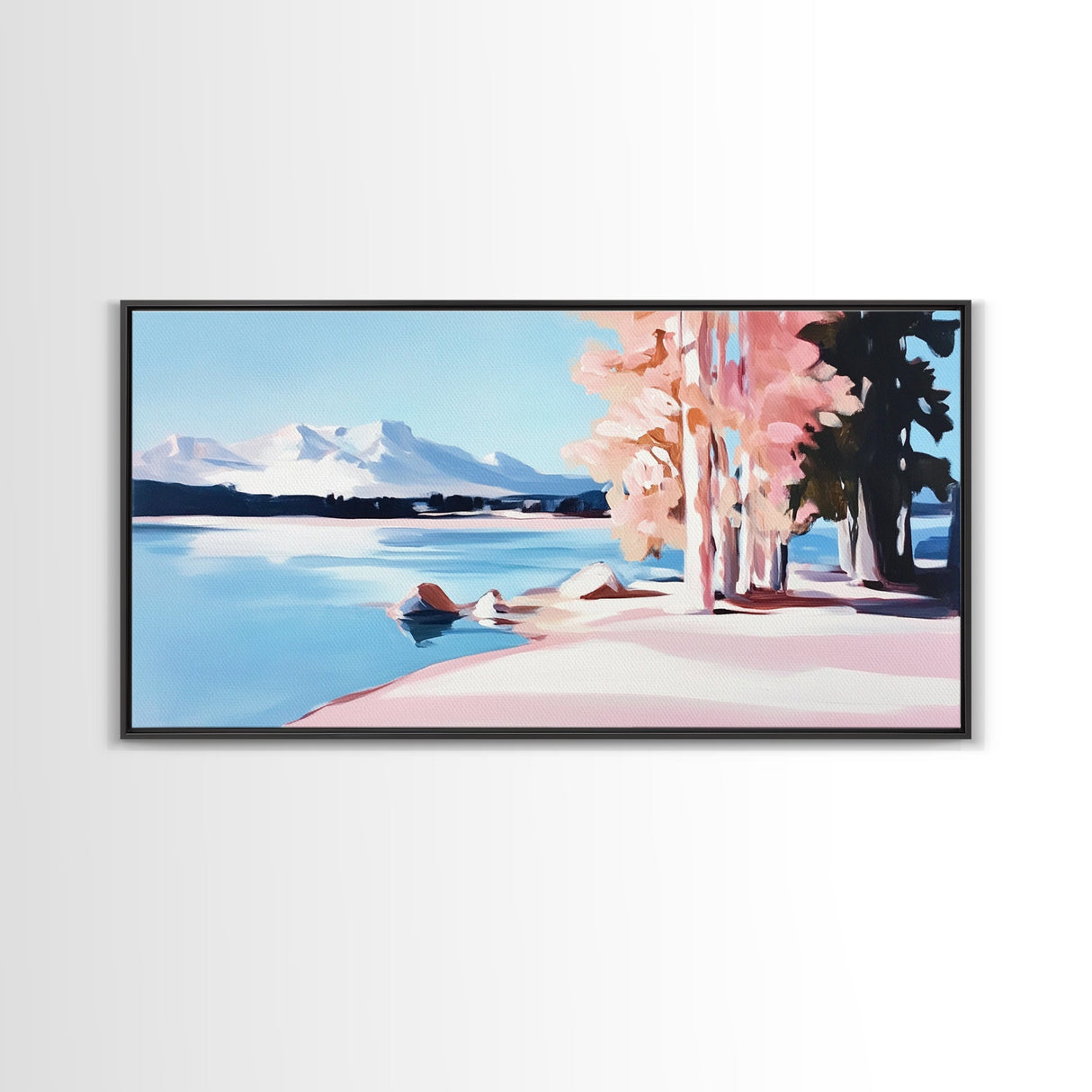 Mountain Lake, Pink Trees, Nature Art, Canvas Print, Cabin Wall Decor, Living Room Landscape, Winter Painting, Minimalist Nature Art