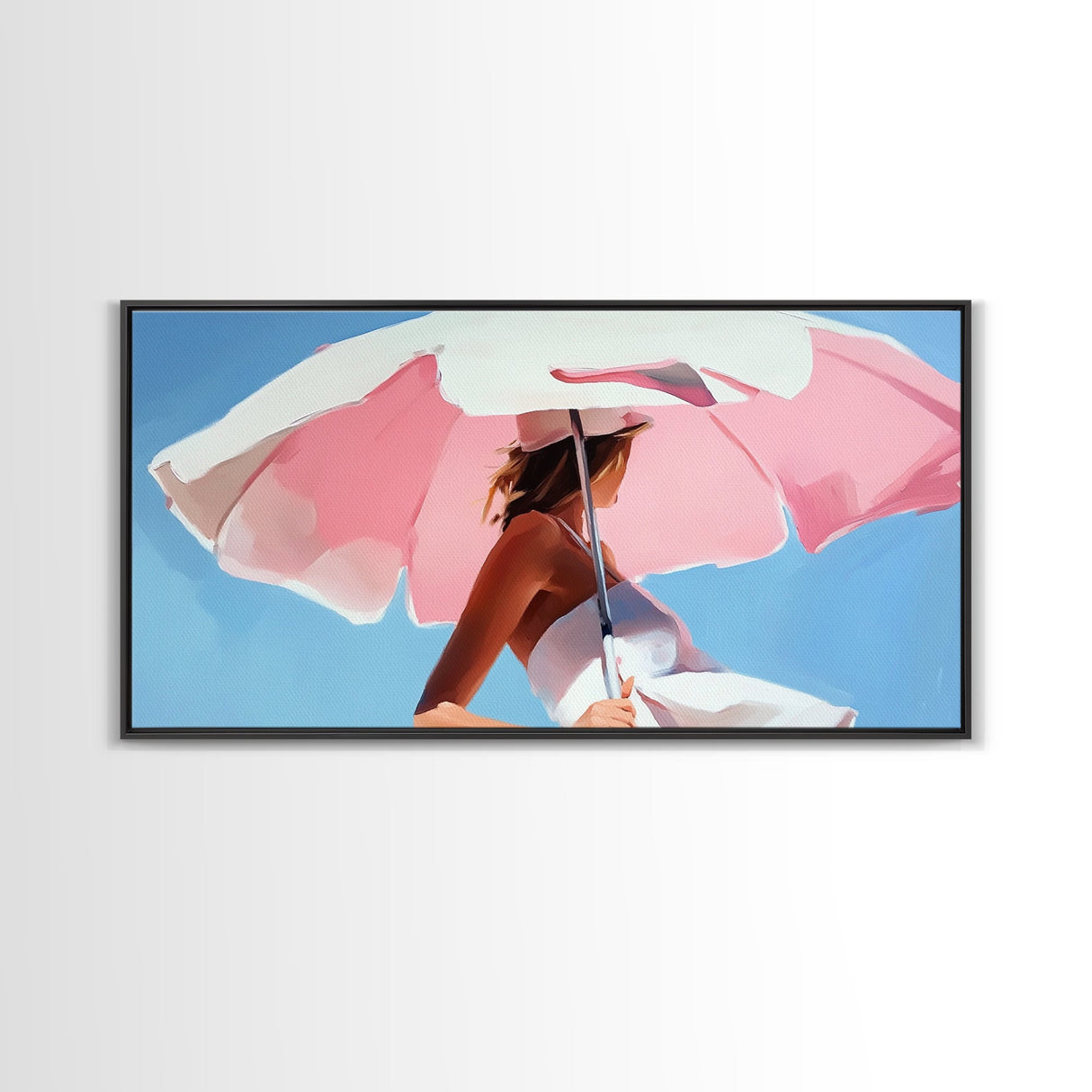 Pink Umbrella, Summer Vibes, Coastal Aesthetic, Modern Boho Art, Vibrant Pastel Decor, Bedroom Wall Art, Framed Canvas Print