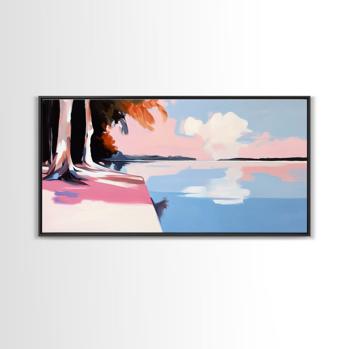 Serene Lake View, Tranquil Waters, Sunset Reflection, Nature Wall Art, Framed Canvas Print, Living Room Decor, Minimalist Landscape