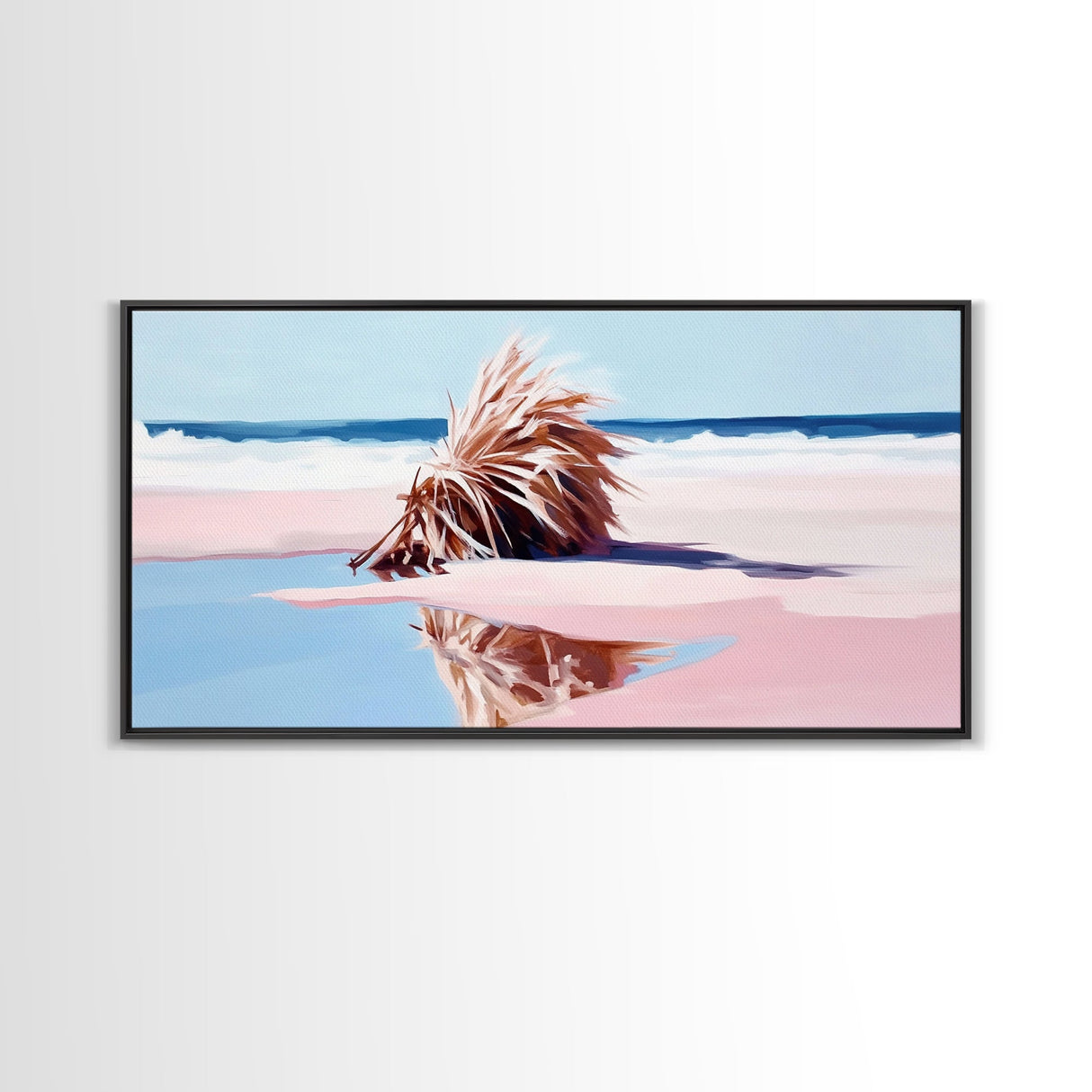 Driftwood on the Shore, Coastal Nature Print, Beach House Decor, Boho Seaside Art, Minimalist Ocean Photography, Bedroom Framed Canvas Print