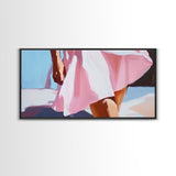 Flowing Summer Dress, Feminine Boho Art, Elegant Beach Print, Fashion Aesthetic Decor, Soft Pastel Painting, Bedroom Framed Canvas Print