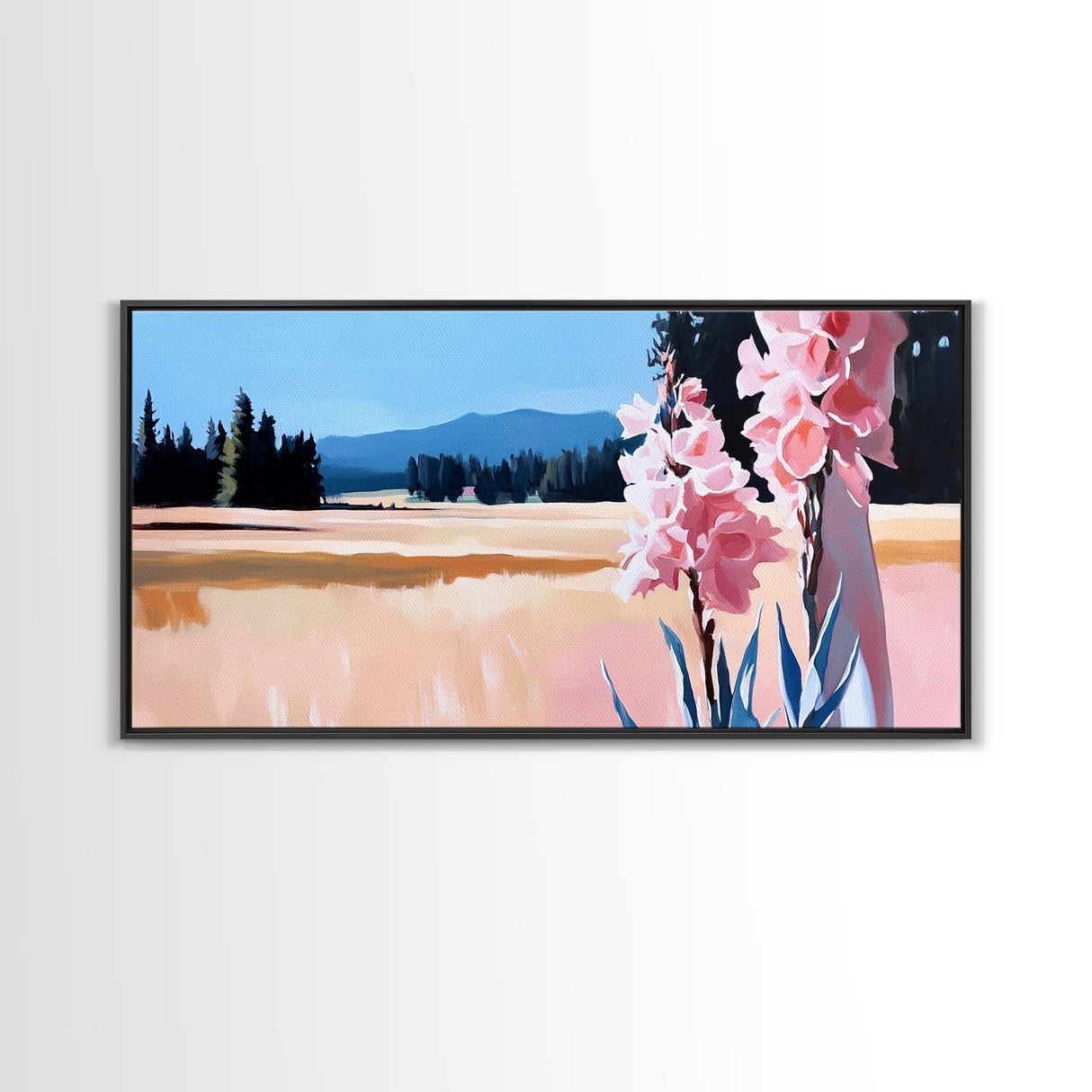 Pink Flowers, Nature Landscape, Countryside Wall Art, Floral Aesthetic, Boho Decor, Bedroom Wall Art, Minimalist Art, Canvas Print