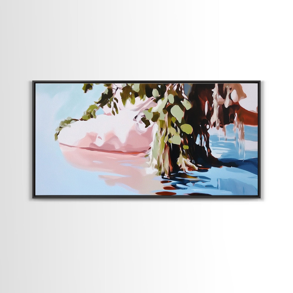 Serenity Reflections, Nature, Framed Canvas Print, Tranquil lake scene, soft pastels, modern landscape, minimalist decor, bedroom wall art