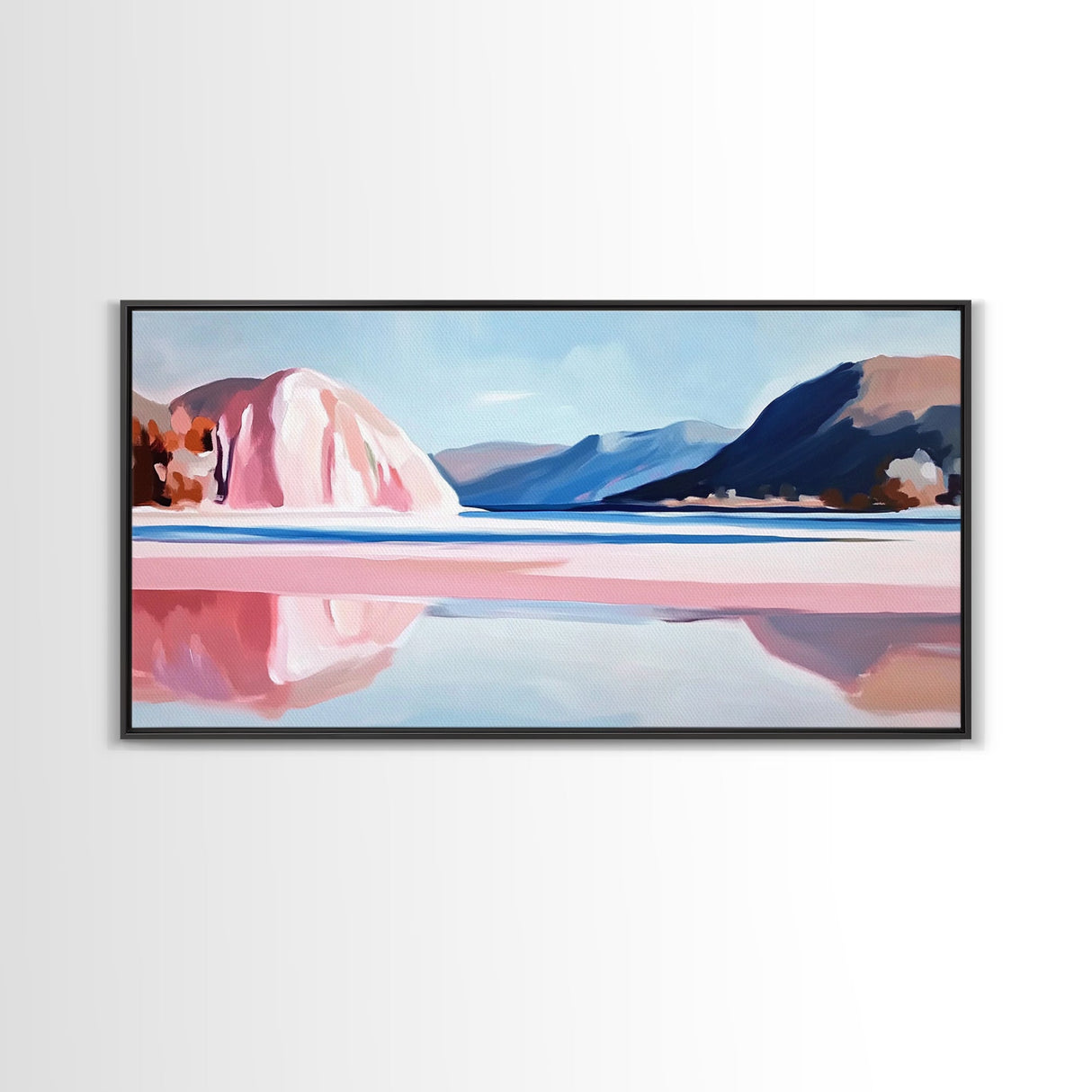 Lake Mountains, Reflections, Canvas Print, landscape art, nature painting, boho wall decor, peaceful mountain view, contemporary scenery
