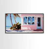 Seaside Cottage, Beach House, Coastal Living, Palm Trees, Ocean Breeze, Tropical Getaway, Minimalist Art, Nautical Theme, Canvas Print