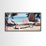 Beach Picnic, Seaside Dining, Summer Wall Art, Framed Canvas Print, Coastal Decor, Relaxing Atmosphere, Kitchen Art, Nautical Aesthetic