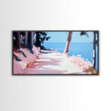 Sunlit Pathway, Serene Nature Art, Forest Trail Print, Pink Blue Landscape, Scenic Wall Decor, Calm Aesthetic Home, Framed Canvas Print