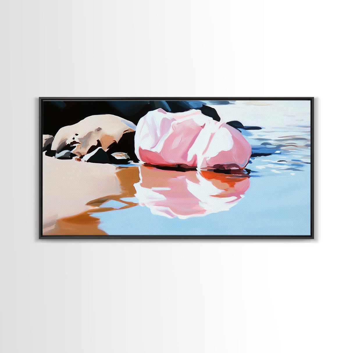 Pink Rock, Water Reflection, Framed Canvas Print, Minimalist Landscape, Nature Aesthetic, Serene Home Decor, Modern Art, Office Wall