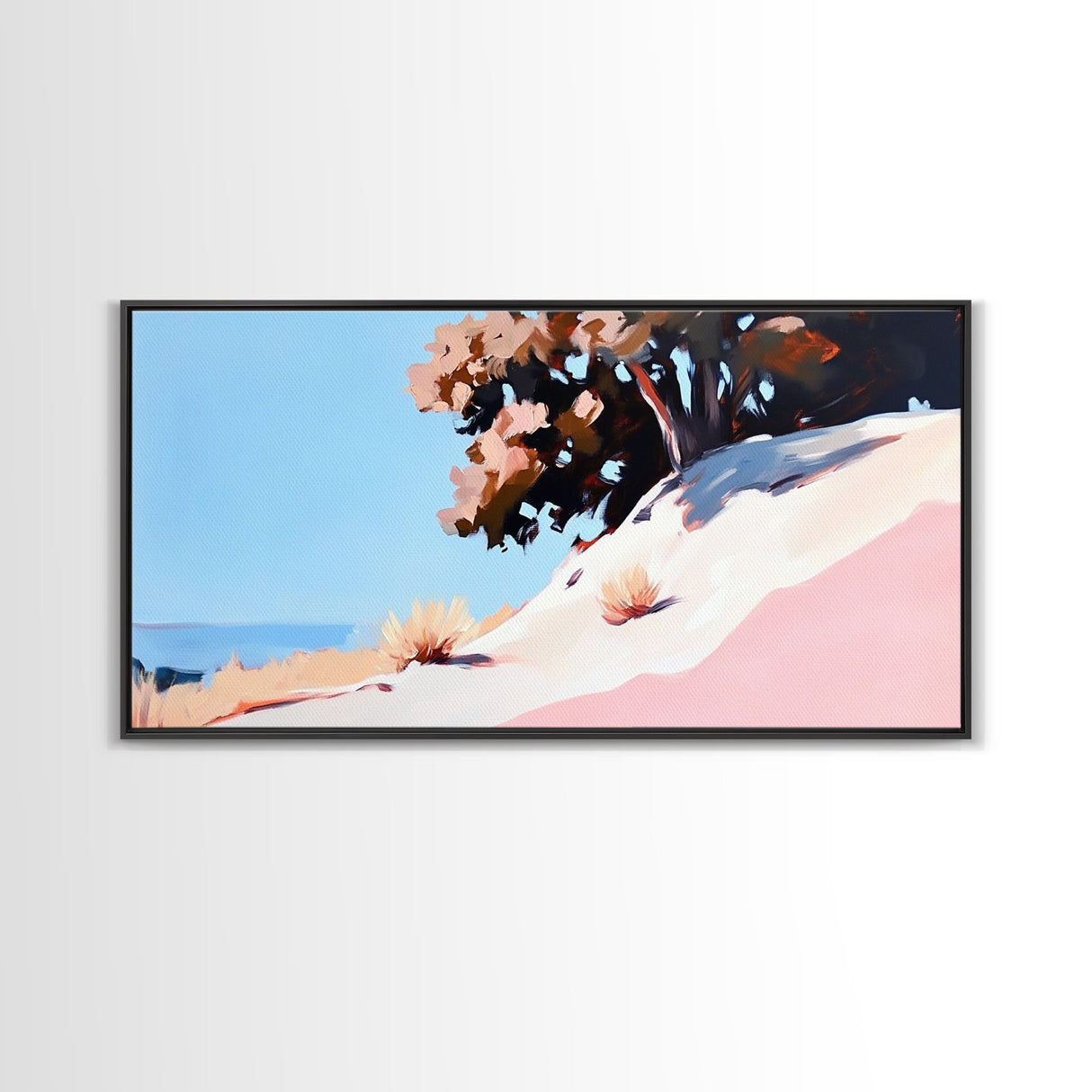 Sunlit Hill, Nature Wall Art, Serene Desert Scene, Warm Earthy Tones, Cozy Boho Decor, Relaxing Landscape Painting, Framed Canvas Print