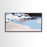 Winter River Scene, Snowy Landscape, Blue Wall Art, Modern Framed Canvas Print, Living Room Decor, Minimalist Nature Painting