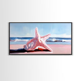 Starfish on Beach, Coastal Wall Art, Ocean Inspired Decor, Nautical Framed Canvas Print, Blue and Pink Summer Vibes Artwork