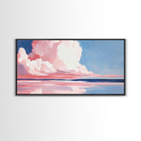 Cloudy Seascape, Pink Horizon, Framed Canvas Print, Coastal Art, Serene Wall Decor, Sunset Painting, Ocean Aesthetic