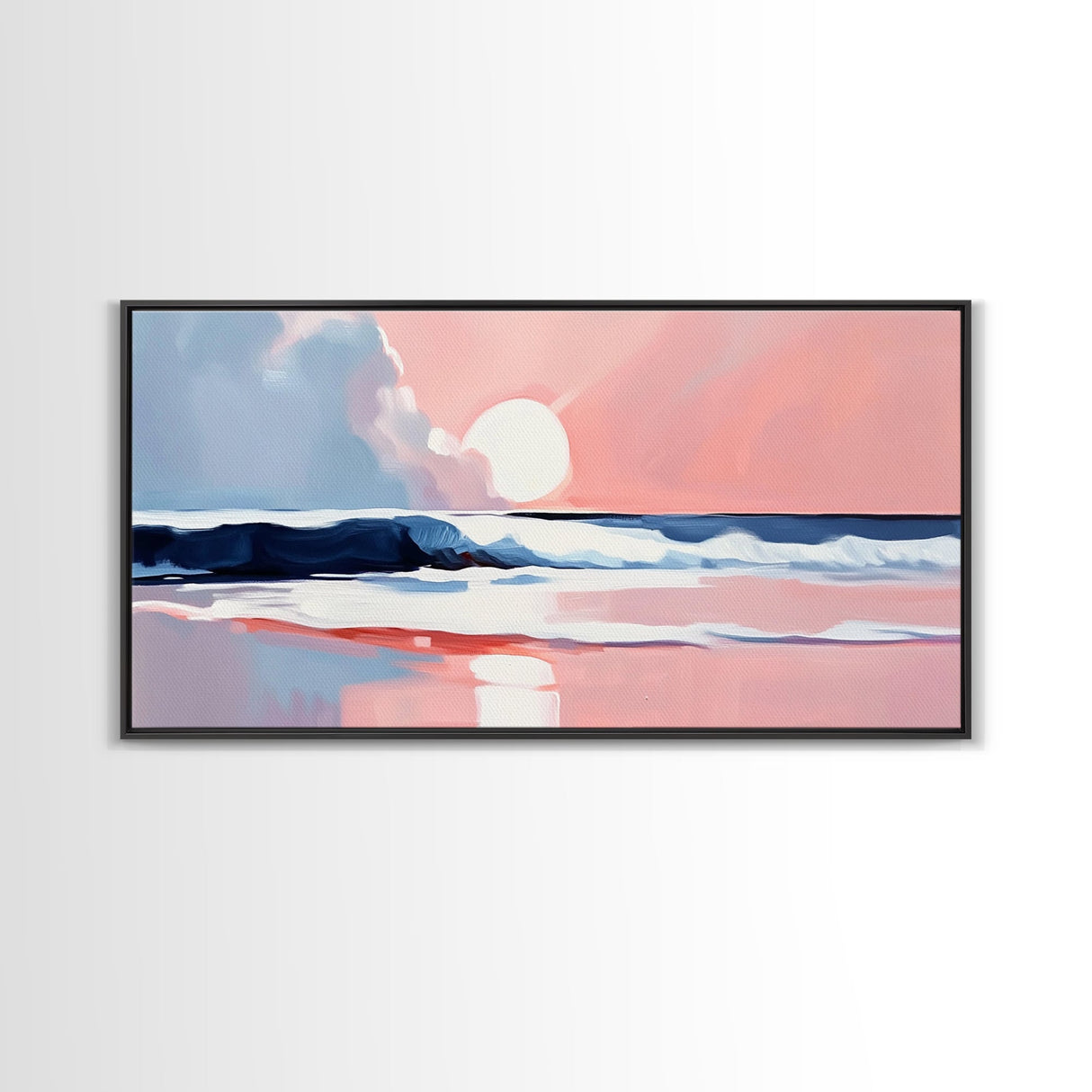 Tranquil Beach, Soft Tones, Framed Canvas Print, Pastel Seascape, Serene Wall Art, Calming Bedroom Decor, Ocean Painting