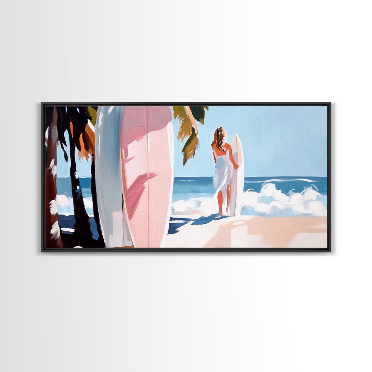 Surfer Girl, Coastal Art, Framed Canvas Print, Beach Wall Decor, Tropical Aesthetic, Ocean Painting, Summer Vibes, Modern Home Art