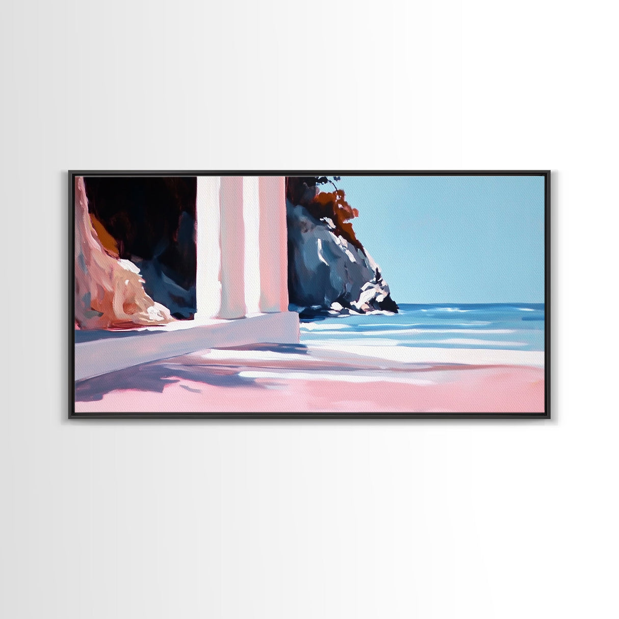 Coastal Retreat, Mediterranean Art, Framed Canvas Print, Beach House Decor, Minimalist Seascape, Pastel Ocean Painting, Modern Wall Art