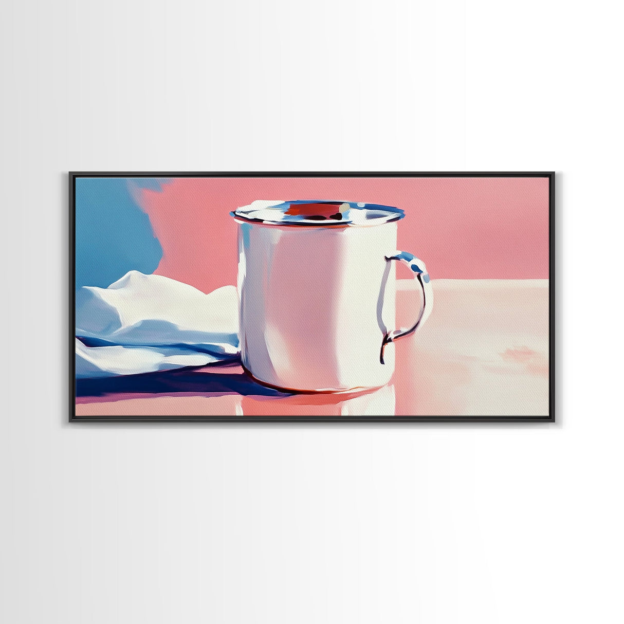 Enamel Mug, Rustic Kitchen, Framed Canvas Print, Minimalist Still Life, Vintage Aesthetic, Cozy Wall Art, Soft Pastel Painting