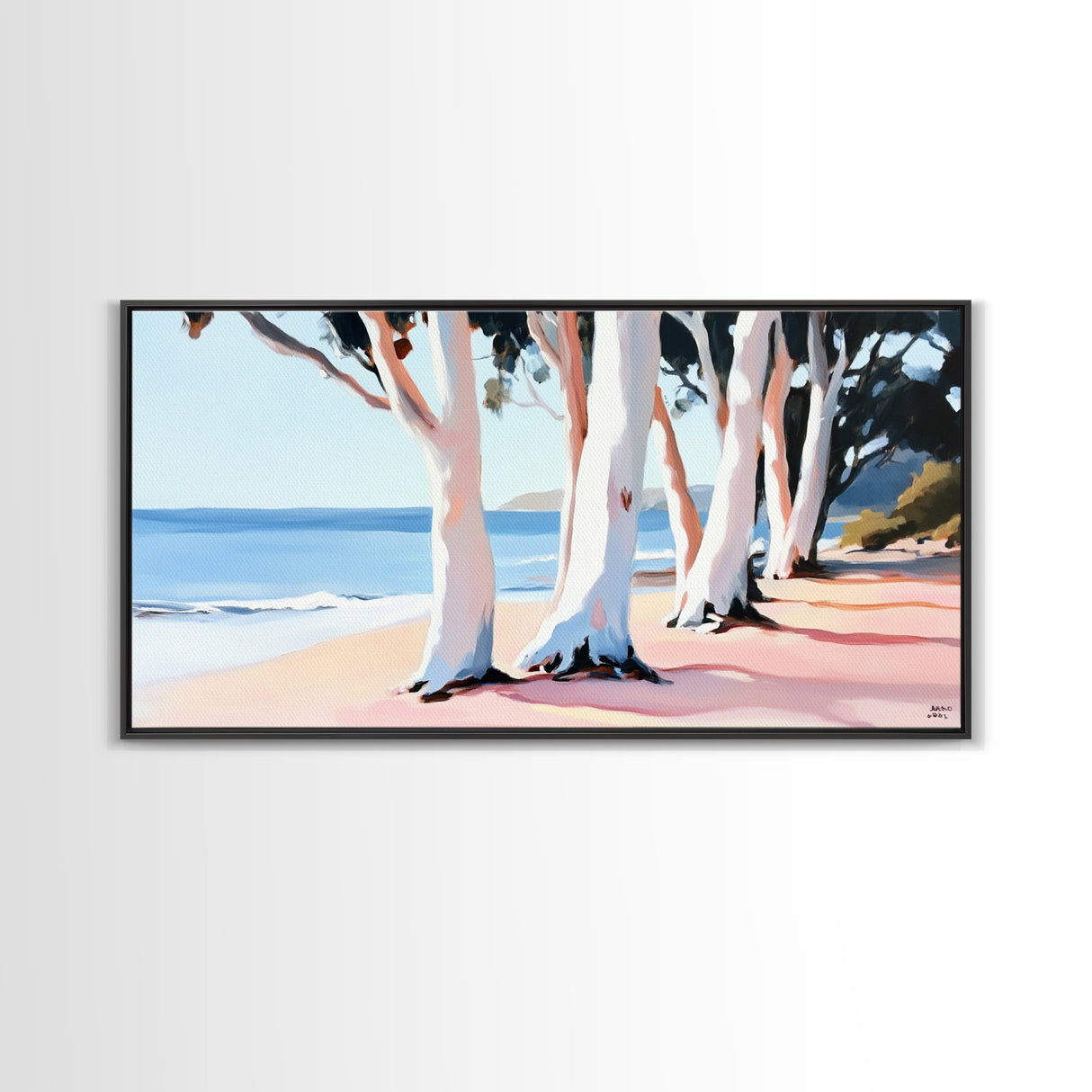Eucalyptus Grove, Coastal Path, Sunlit Trees, Relaxing Beach Scene, Natural Beauty, Soft Pastel Tones, Modern Home, Canvas Print