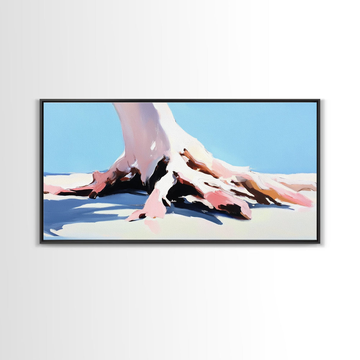 Tree, Root, Beach, Framed Canvas Print, Coastal Wall Art, Nature Inspired, Minimalist Art, Tranquil Home Decor, Pastel Painting