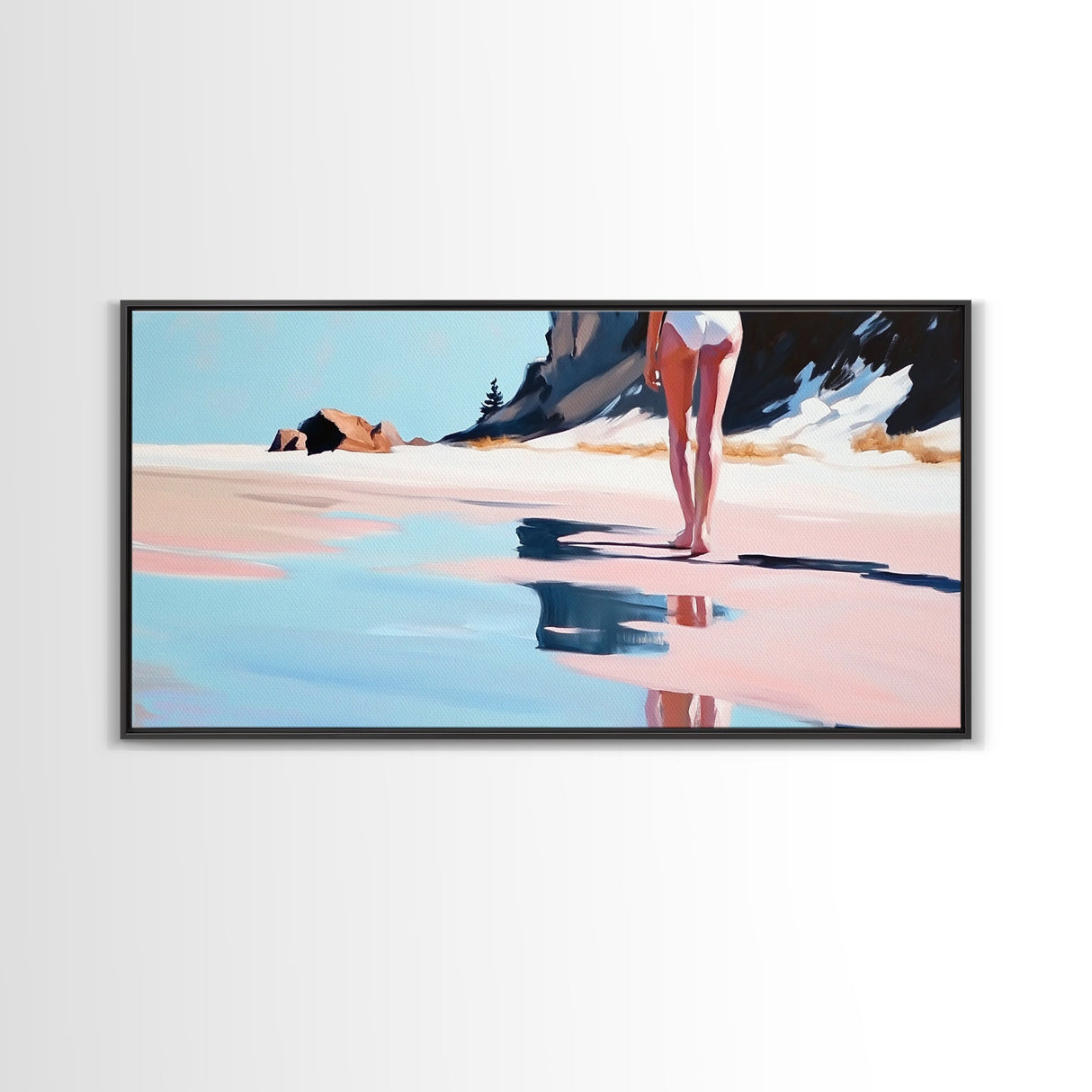 Woman, Reflection, Shoreline, Framed Canvas Print, Feminine Art, Modern Minimalist, Relaxing Home Decor, Pastel Coastal Painting