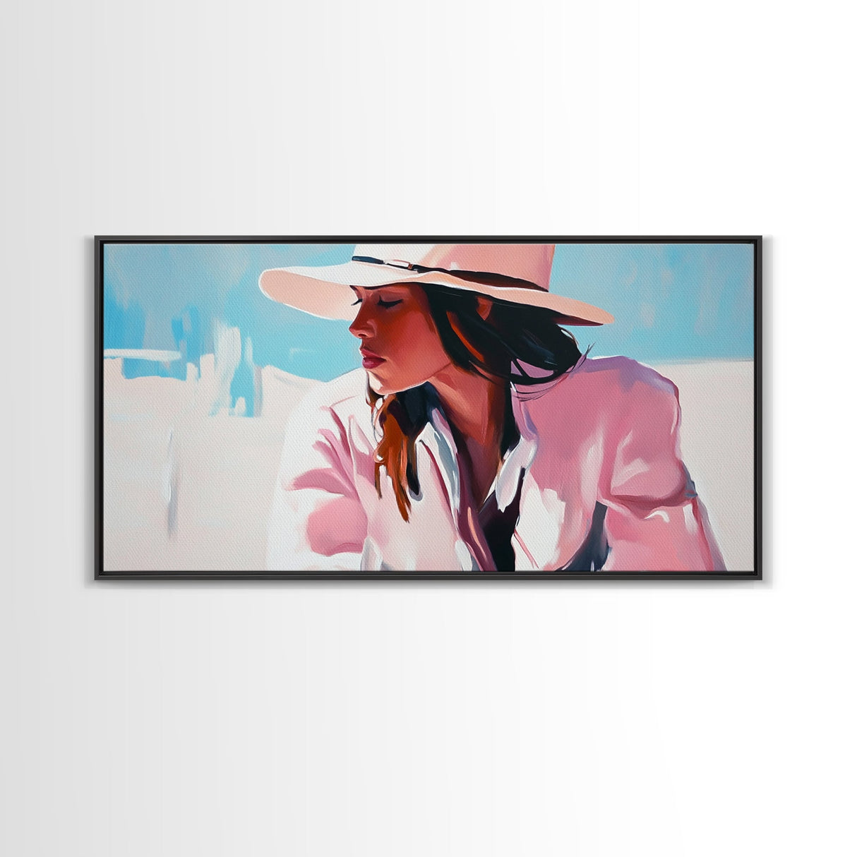 Woman, Sun Hat, Beach, Framed Canvas Print, Fashion Art, Minimalist Style, Boho Home Decor, Coastal Chic, Pastel Summer Painting
