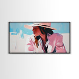 Woman, Sun Hat, Beach, Framed Canvas Print, Fashion Art, Minimalist Style, Boho Home Decor, Coastal Chic, Pastel Summer Painting