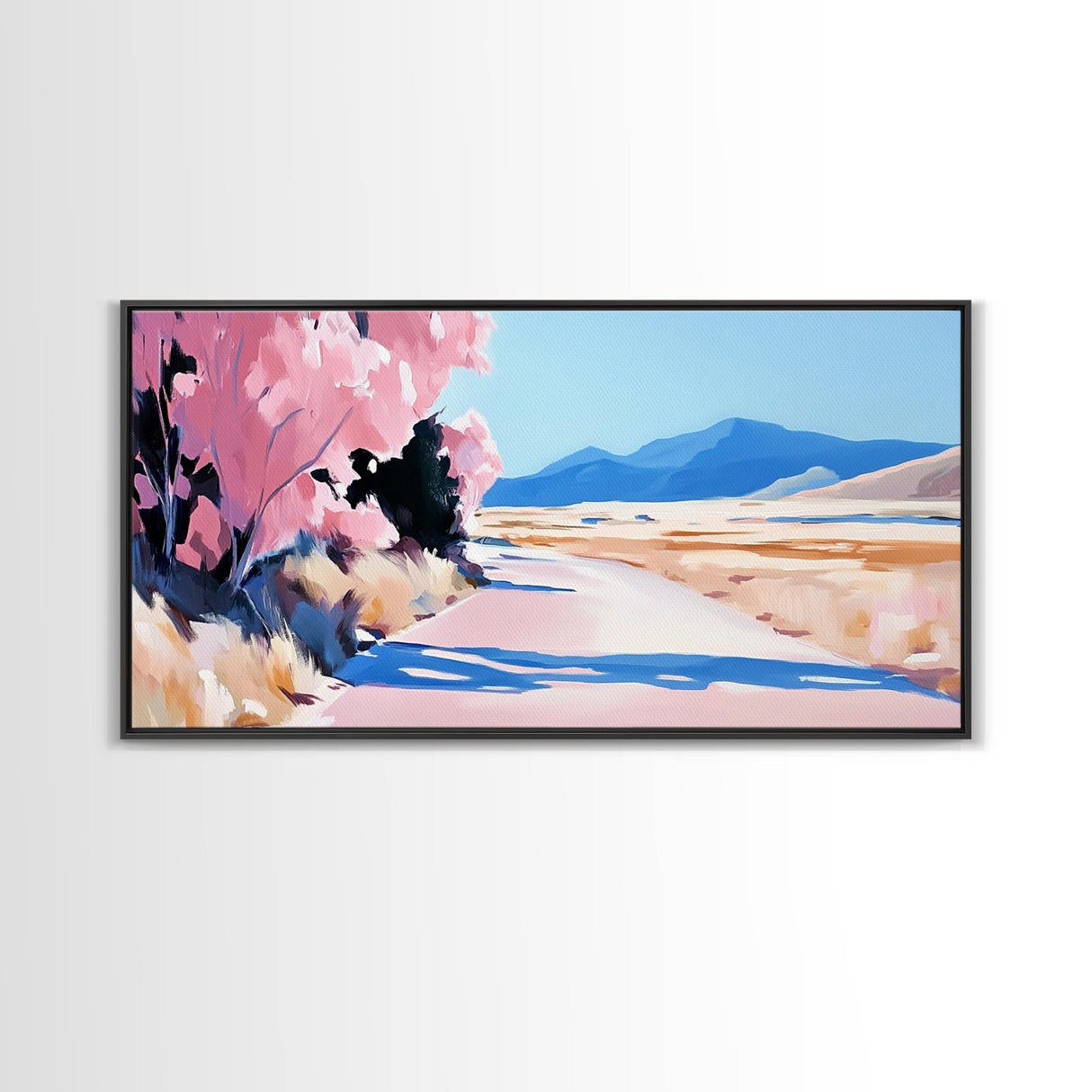 Blossoms, Mountain Path, Scenic Landscape Art, Nature Painting, Boho Decor, Framed Canvas Print, Pastel Pink Trees, Serene Wall Art