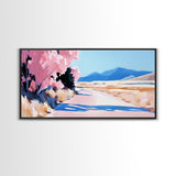 Blossoms, Mountain Path, Scenic Landscape Art, Nature Painting, Boho Decor, Framed Canvas Print, Pastel Pink Trees, Serene Wall Art