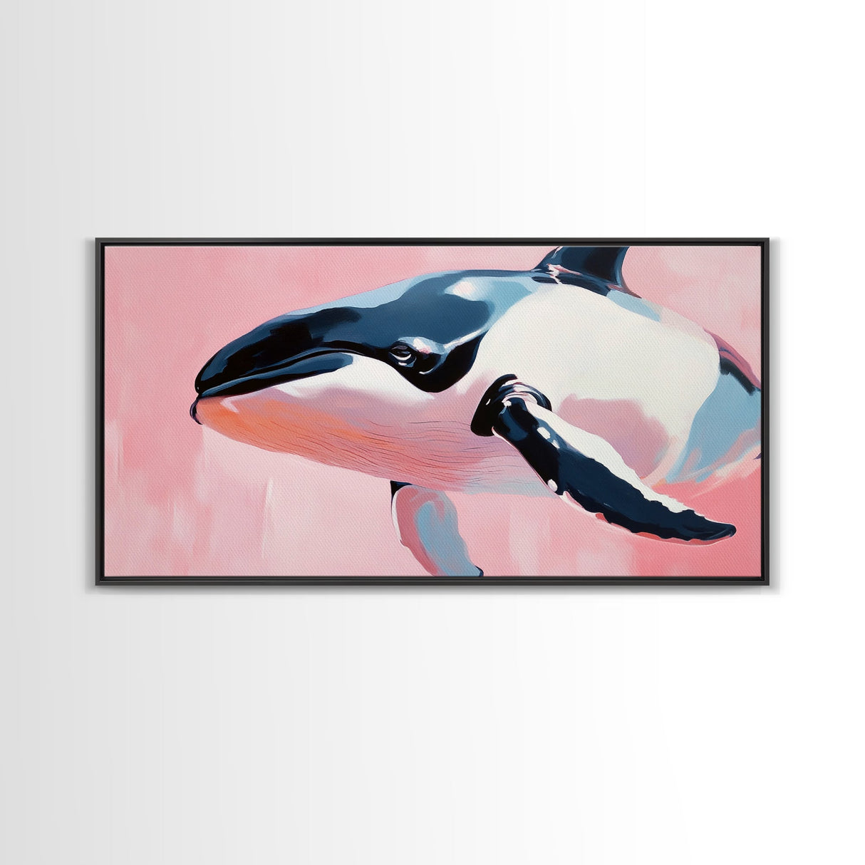 Whale, Ocean Beauty, Nautical Wall Art, Coastal Decor, Living Room Statement, Framed Canvas Print, Pastel Marine Life, Soft Pink Blue Tones
