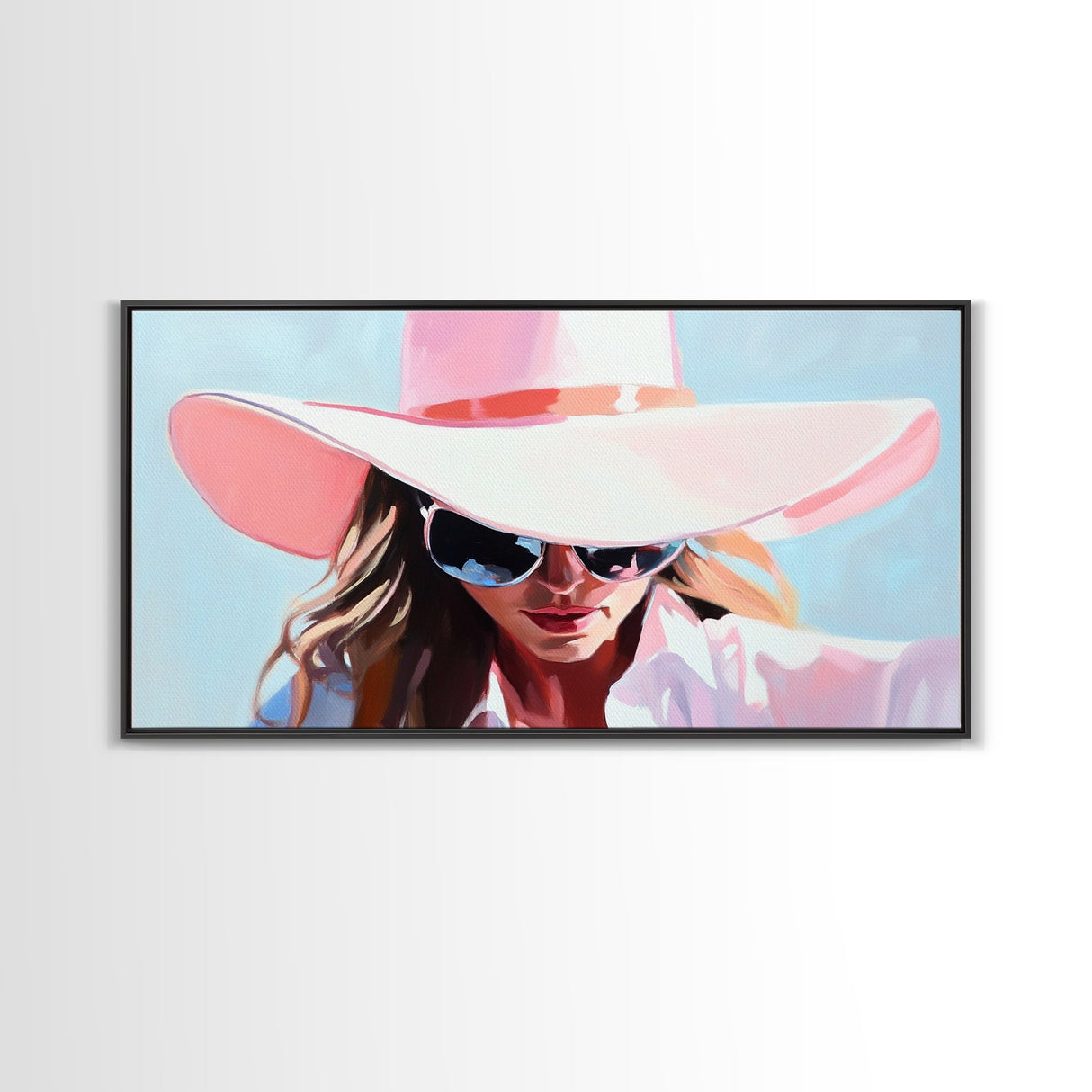 Woman Stylish Hat, Fashion Illustration, Chic Wall Art, Modern Glamour Decor, Framed Canvas Print, Elegant Portrait, Pastel Aesthetic