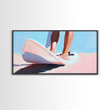 Surfing Vibes, Coastal Sport Art, Minimalist Ocean Painting, Pastel Beach Decor, Framed Canvas Print, Adventure Inspired, Living Room Art