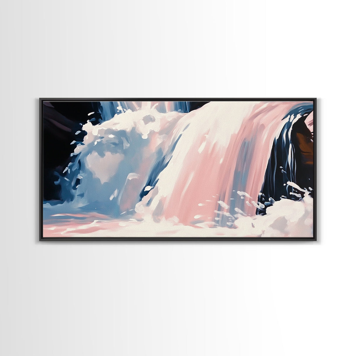 Waterfall Scene, Nature Wall Art, Serene Landscape Art, Modern Minimalist Print, Blue and Pink Tones, Framed Canvas Print, Living Room Art