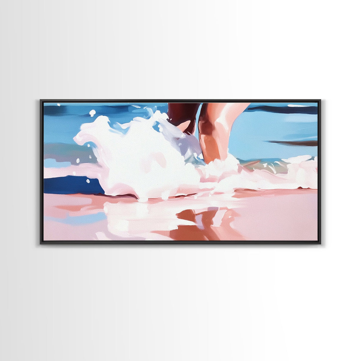 Ocean Waves, Coastal Beach Art, Water Splash Photography, Summer Boho Print, Blue and Pink Pastel Tones, Framed Canvas Print, Bathroom Art