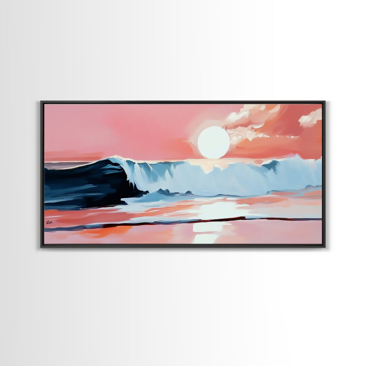 Pink Sunset, Ocean Waves, Coastal Art, Beach Decor, Framed Canvas Print, Modern Wall Art, Nautical Art, Living Room Wall Art