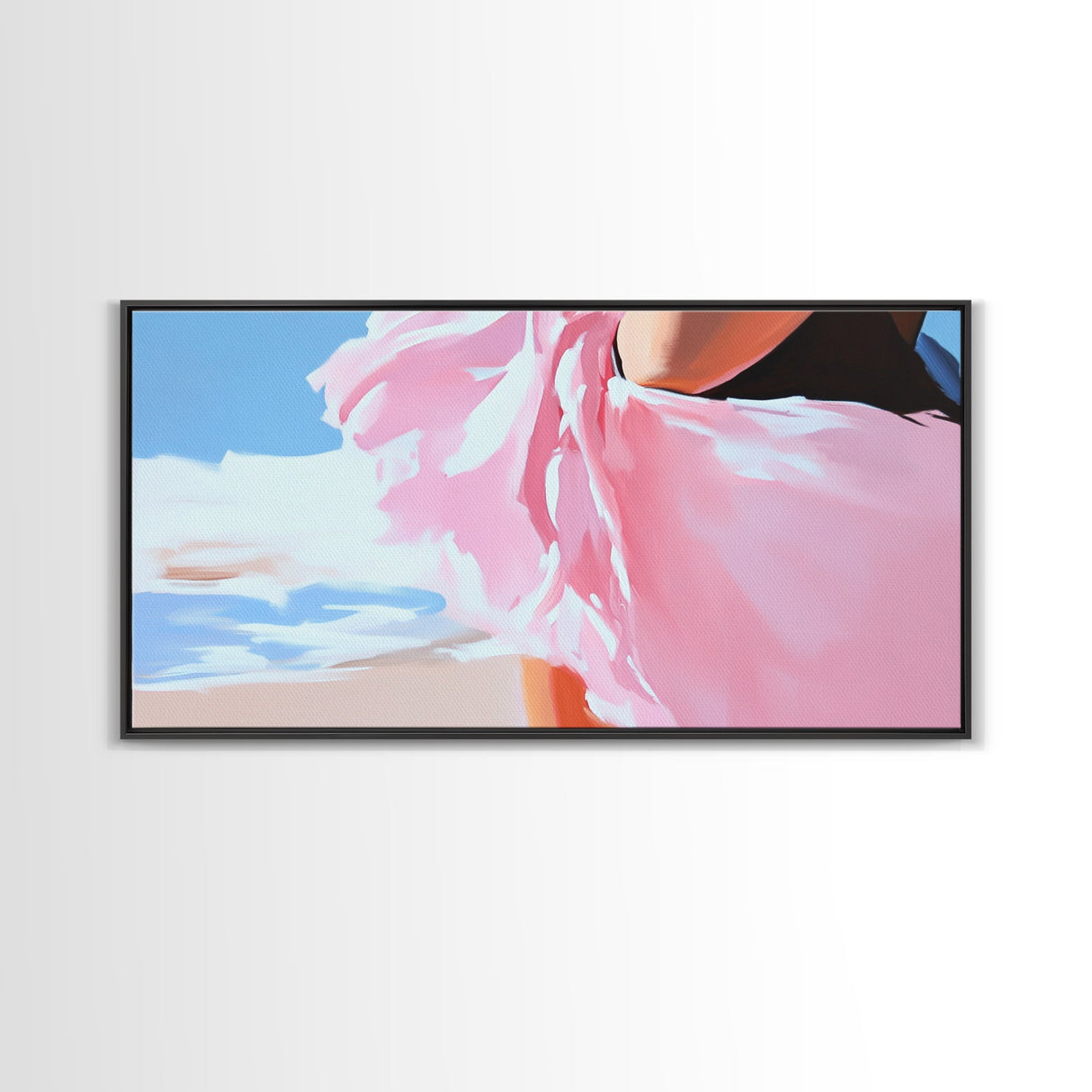Flowing Dress, Beach Wind, Feminine Elegance, Fashion Wall Art, Framed Canvas Print, Ocean Breeze, Modern Home Decor, Soft Pink Aesthetic