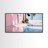 Pink Villa, Poolside View, Tropical Retreat, Canvas Print, Mediterranean Art, Vacation Home Decor, Palm Tree Wall Art, Resort Aesthetic