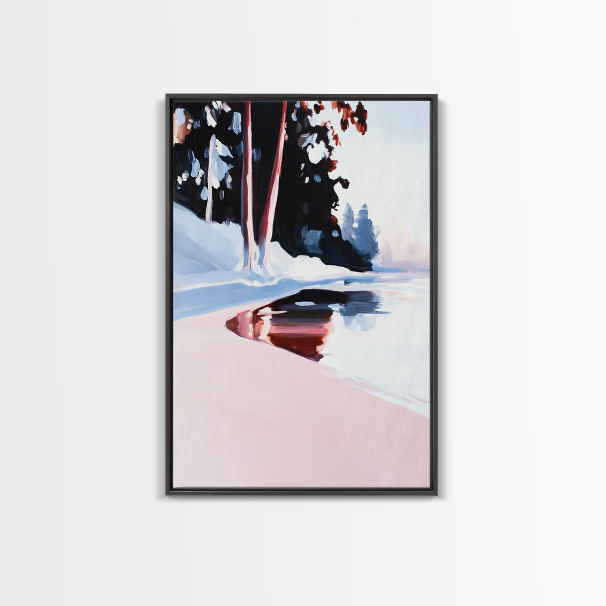 Winter Forest, Snowy Pines, Lake Reflection, Seasonal Wall Decor, Framed Canvas Print, Minimalist Landscape, Cozy Wall Art, Cabin Decor