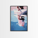Woman on Water, Summer Reflections, Framed Canvas Print, Contemporary Minimalism, Relaxing Wall Decor, Coastal Home Accent