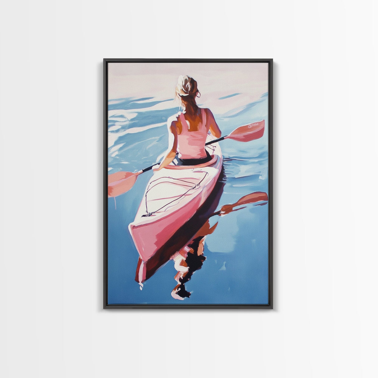 Kayak, Adventure, Water Sports Art, Boho Coastal Decor, Summer Vibes, Outdoor Enthusiast Gift, Blue and Pink Painting, Canvas Print