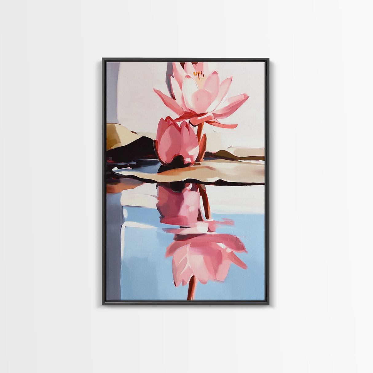 Water Lily Reflection, Zen Floral Art, Nature Botanical Painting, Framed Canvas Print, Spa Wall Decor, Minimalist Bedroom Art