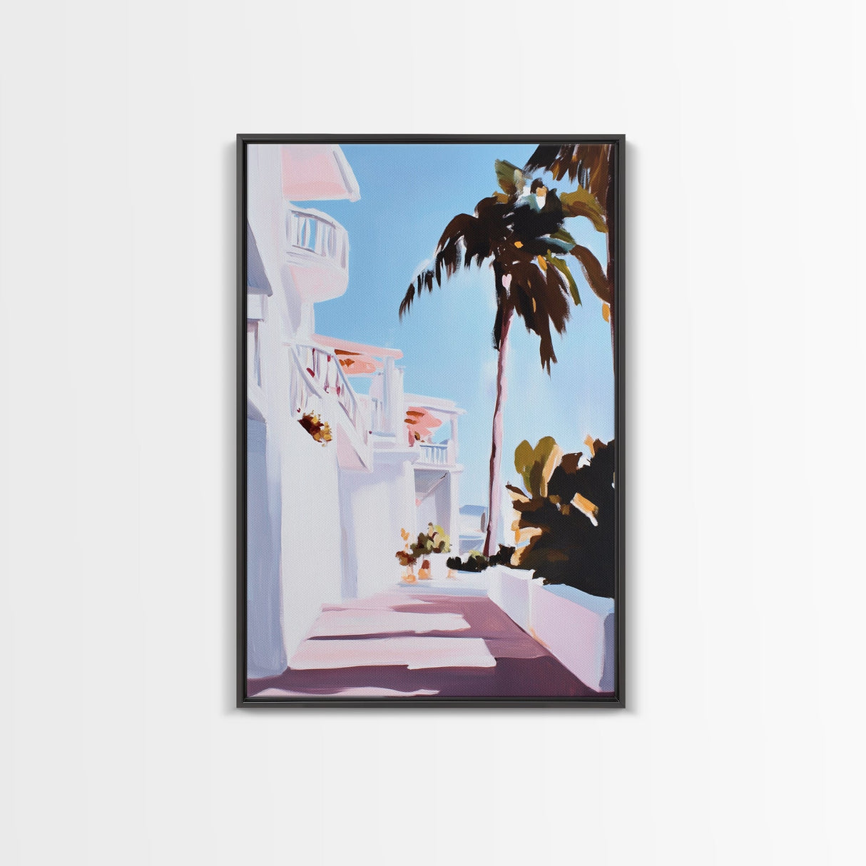 Tropical Balcony View, Palm Tree Painting, Coastal Boho Art, Framed Canvas Print, Mediterranean Aesthetic, Living Room Wall Art, Beach House Decor