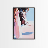 Woman in Dress, Feminine Wall Art, Beach Scene, Soft Pastel Print, Framed Canvas Print, Romantic Home Decor, Elegant Artwork
