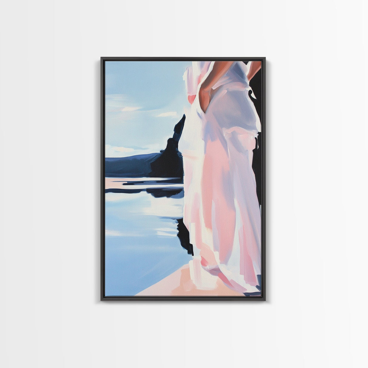 Woman by Water, Soft Pastel Art, Romantic Beach Scene, Minimalist Print, Framed Canvas Print, Tranquil Home Decor, Feminine Wall Art