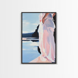 Woman by Water, Soft Pastel Art, Romantic Beach Scene, Minimalist Print, Framed Canvas Print, Tranquil Home Decor, Feminine Wall Art